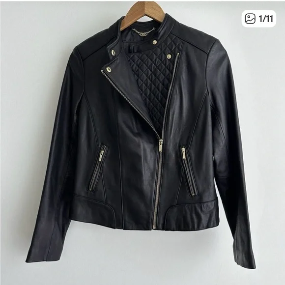 Cole Haan Black Quilted Leather Moto Jacket. Size large. - Picture 4 of 14